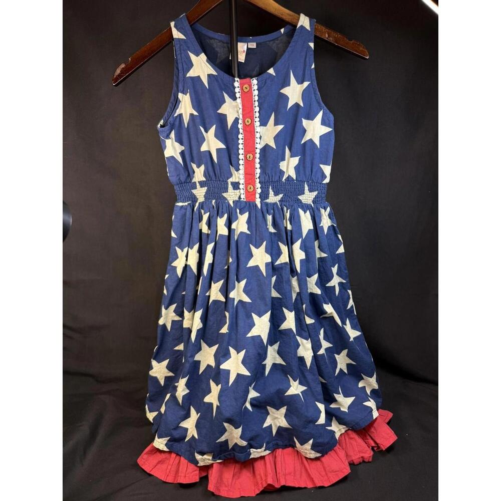 Yo Baby Dress Girls 13 Blue Star Sleeveless Ruffle Hem‎ Smocked Waist Patriotic
